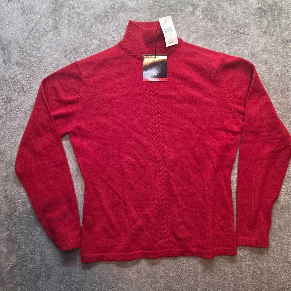 Danielle Martin Sweater Womens L Red Merino Wool Mock Neck Cable Knit Pullover